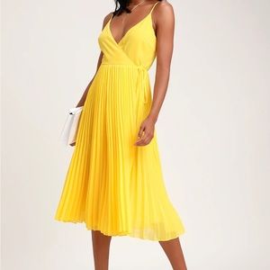 Take it From Me Yellow Pleated Wrap Midi Dress